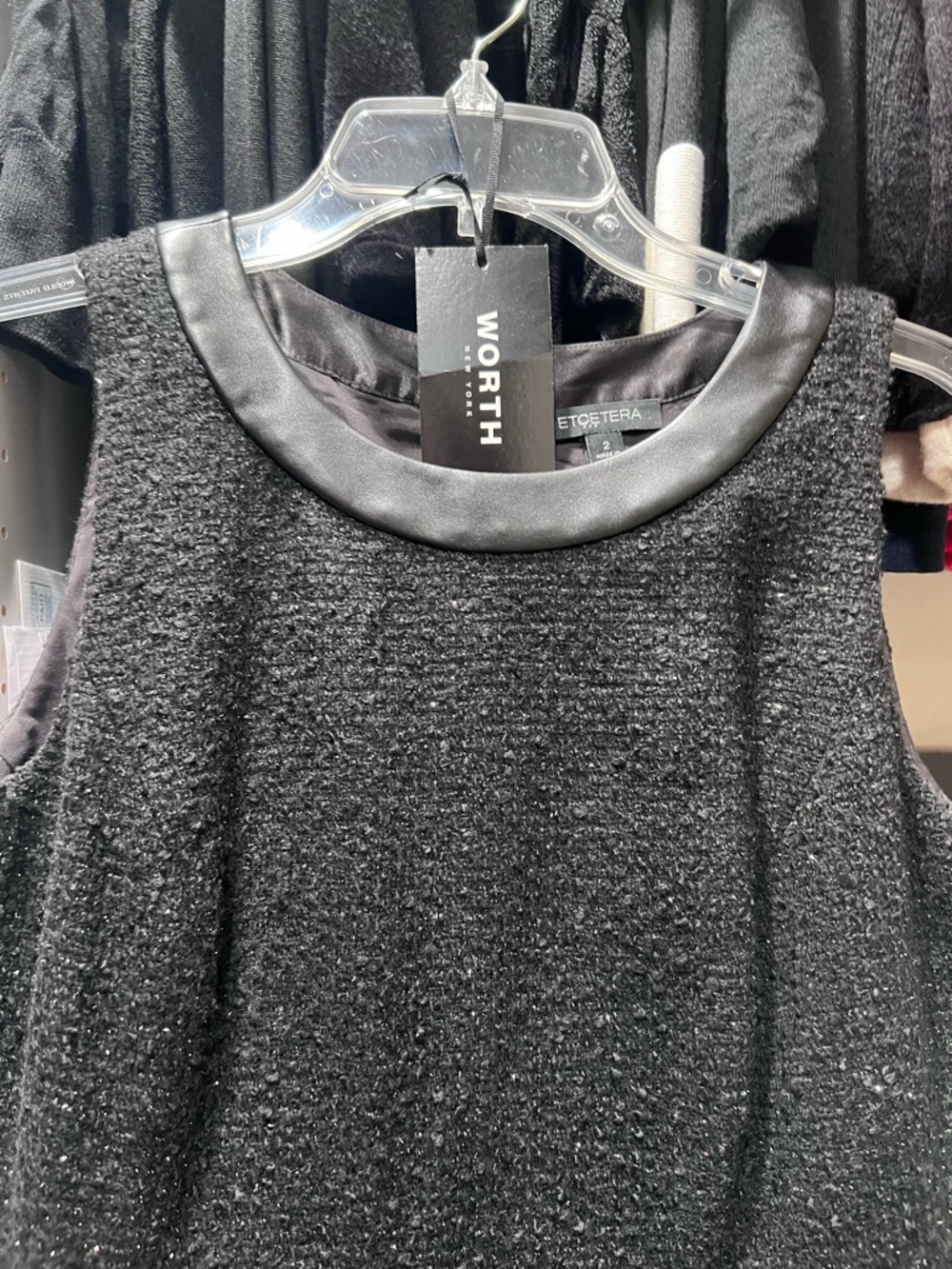 Worth Black Tweed-Texture Sleeveless Tank with Faux Leather Neckline